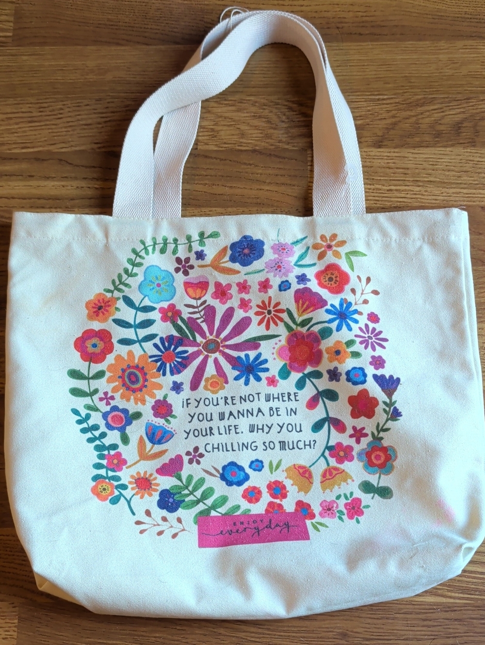 NATURAL LIFE Cream Canvas Tote with Bright Multicolor Floral Wreath